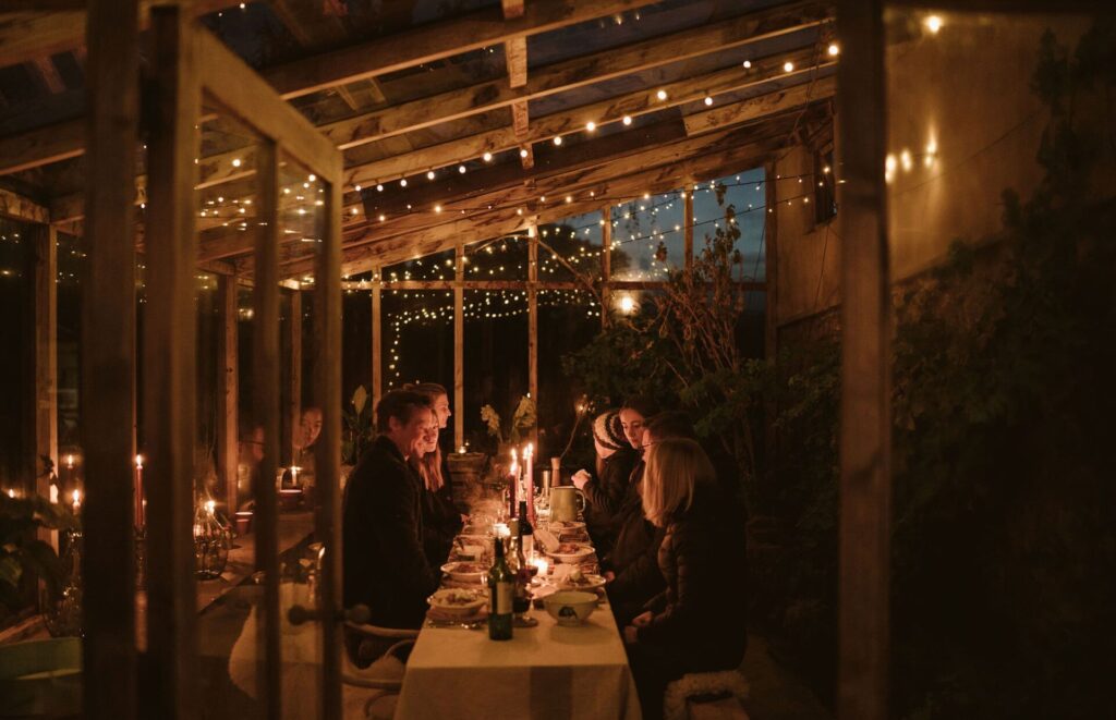 Intimate dinner in a greenhouse
