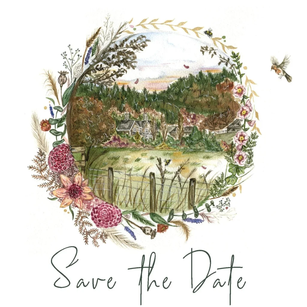 A circular illustration of nature with the words save the date underneath