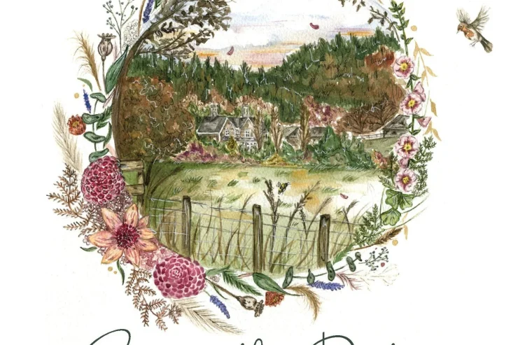 A circular illustration of nature with the words save the date underneath